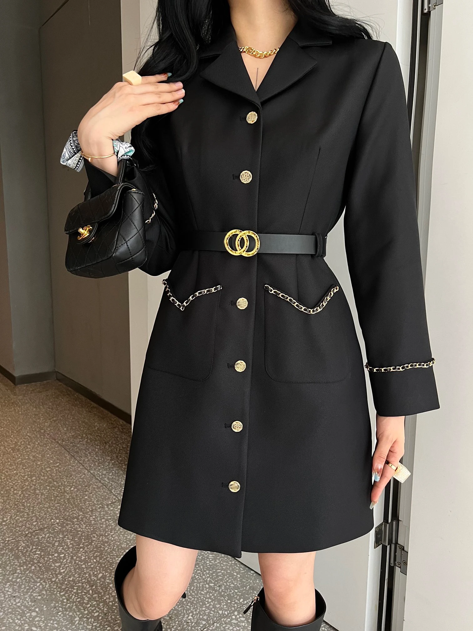 

Женское черное платье-пиджак, однобортные деловые платья для женщин