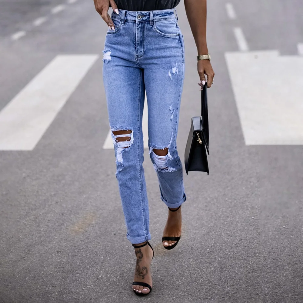 2023 Spring New Women Stylish And Elegant Ol Blue Jeans Casual Commuter Distressed Ripped Straight Jeans Female