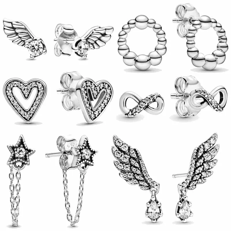 

925 Sterling Silver Sparkling Angel Wings Freehand Heart Infinity Beaded Circle Fashion Earrings For Women Jewelry Gift