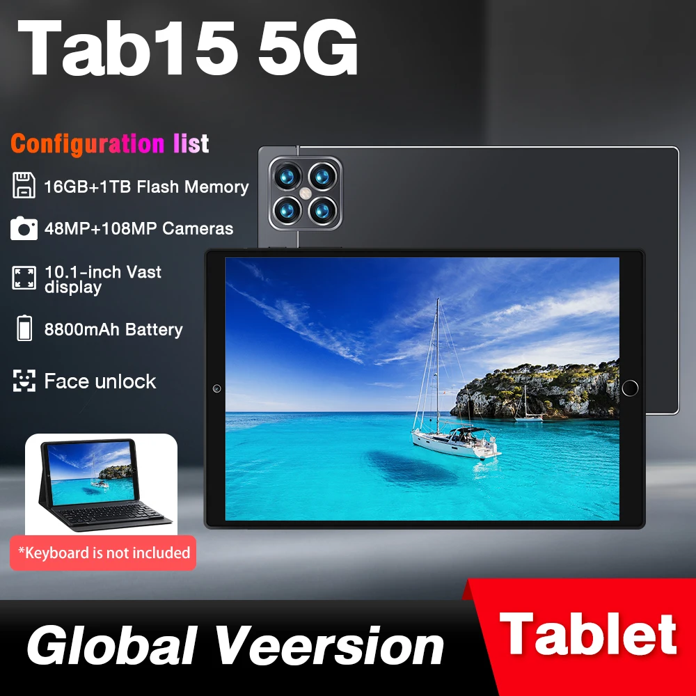 

Планшет TAB15, 10 дюймов, Android 12, 16 ГБ + 1 ТБ, 8800 мАч, 48 + 108 МП, с клавиатурой, Bluetooth, Wi-Fi