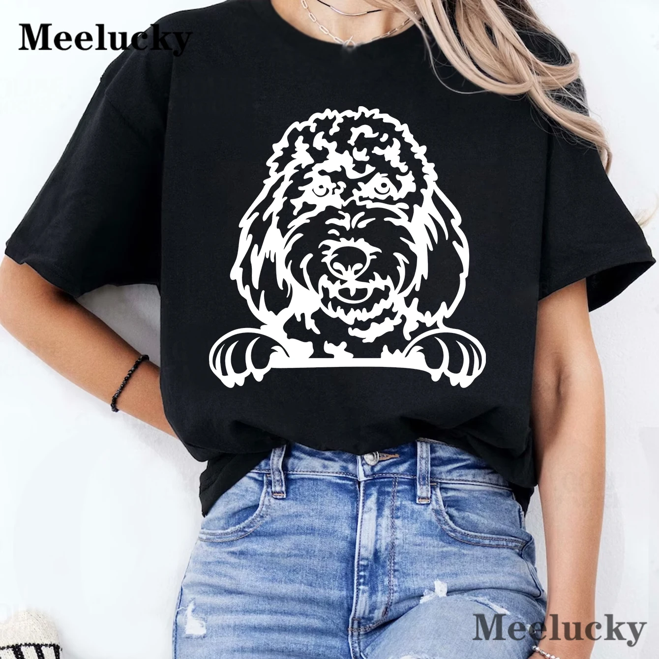 Goldendoodle Peeking Женская футболка из чистого хлопка с принтом летняя коротким рукавом