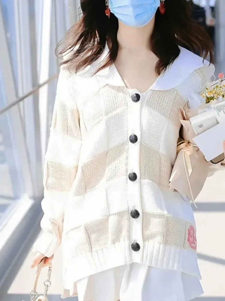 

Turn-down Collar Women Knit Cardigan Loose Stripes Single Breasted Long Sleeve Spring Autumn 2023 Sweater for Female