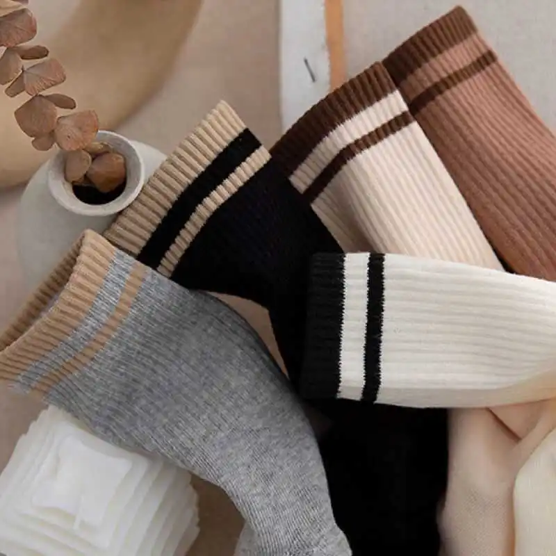 Yasuk All Season Women's Fashion Soft Print Stripe All-Match Lovely Girl Casual Sporty Comfortable High Socks 5Pcs Student