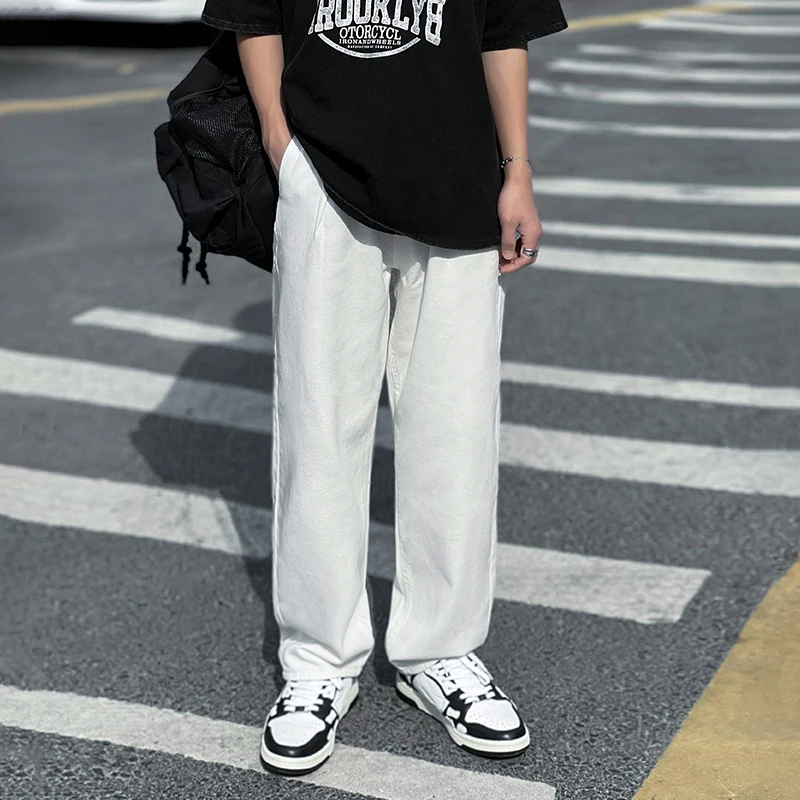 

ZCSMLL Fashion ins Japanese vintage white denim pants men's and women's high street versatile straight tube loose casual pants