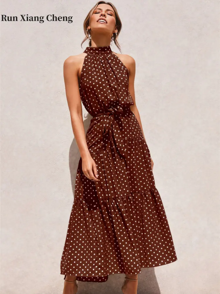 

2023 Summer Women's New In Dresses Pretty Halter Polka Dot Printed Frenulum Loose Vintage Floral Chic and Elegant Long Dress