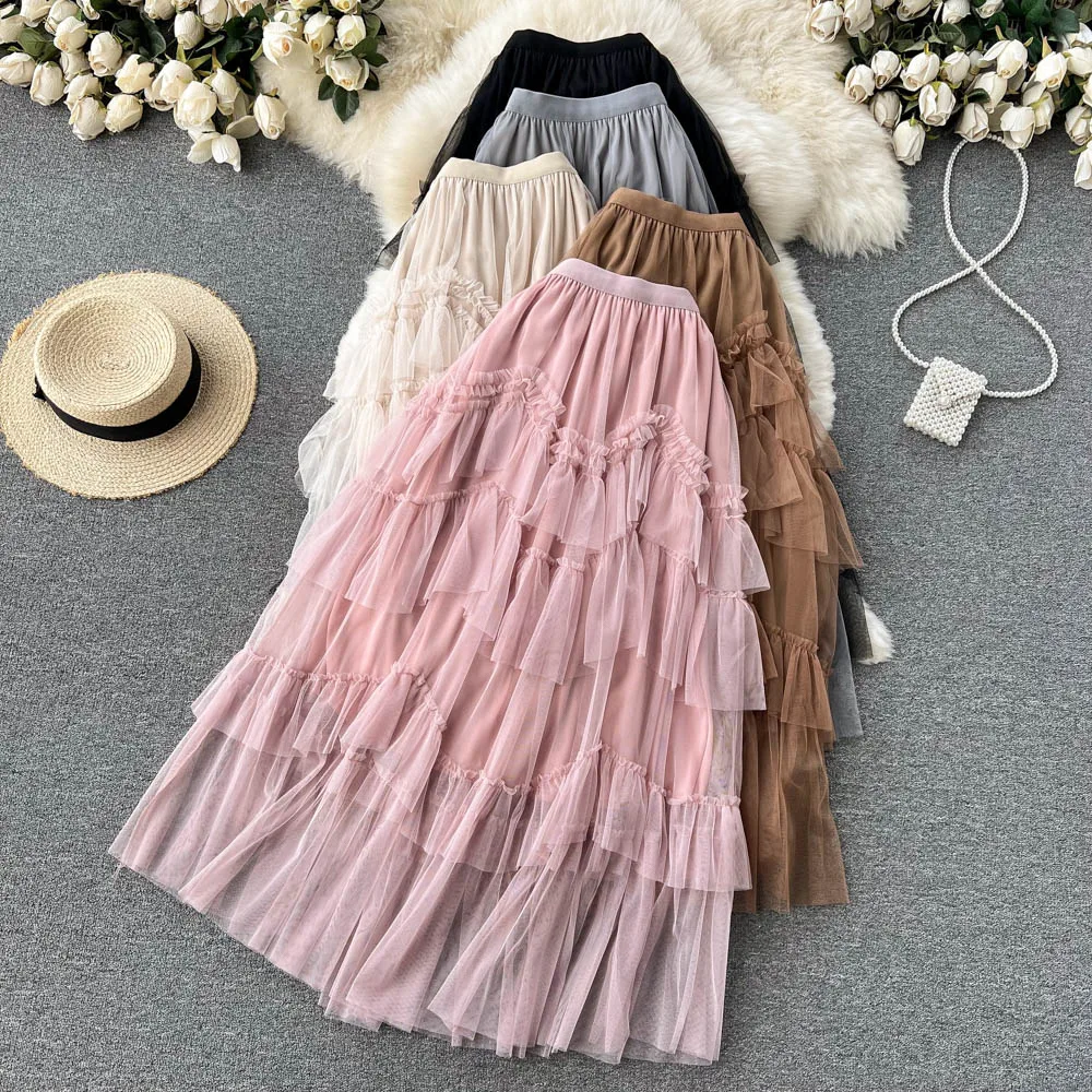 

Новинка 2022 года; Сезон весна-лето; Сетчатая юбка; Тонкая и универсальная плиссированная юбка; Трапециевидная юбка; Многослойная юбка; Модная юбка феи