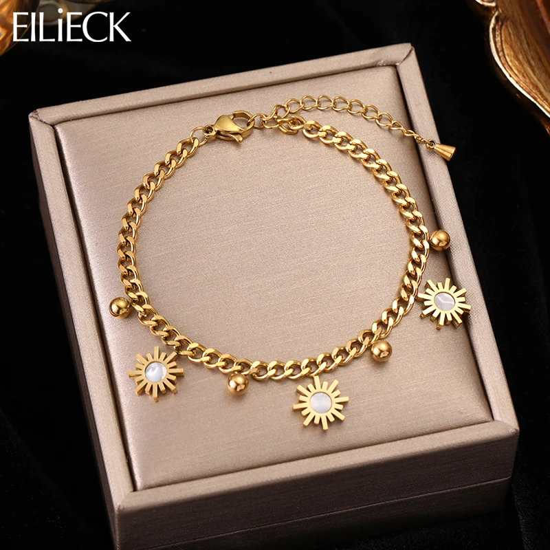 

EILIECK 316L Stainless Steel Gold Color Flower Beads Charm Bracelet For Women Girl New Fashion Lady Wrist Jewelry Gift Party