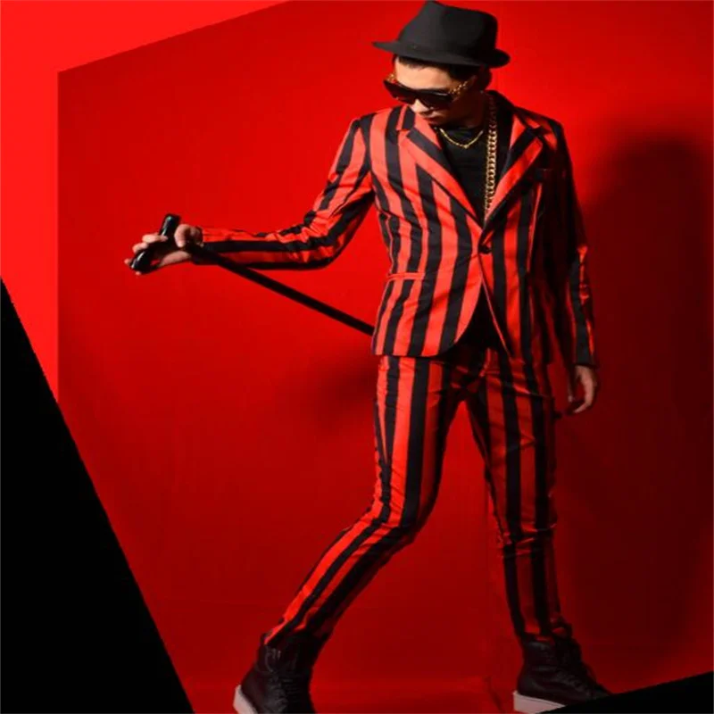 

Nightclub Suit Mens Blazer Jackets Male Singer Dsdj Stage Song With Red And Black Stripes Big-Name Bar Costume Accessories