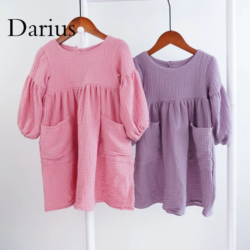 

Muslin Girl Dress Soft Comfortable Breathable Dress Puff Sleeves Children Dress with Pocket Fashion Girls Clothes 2022