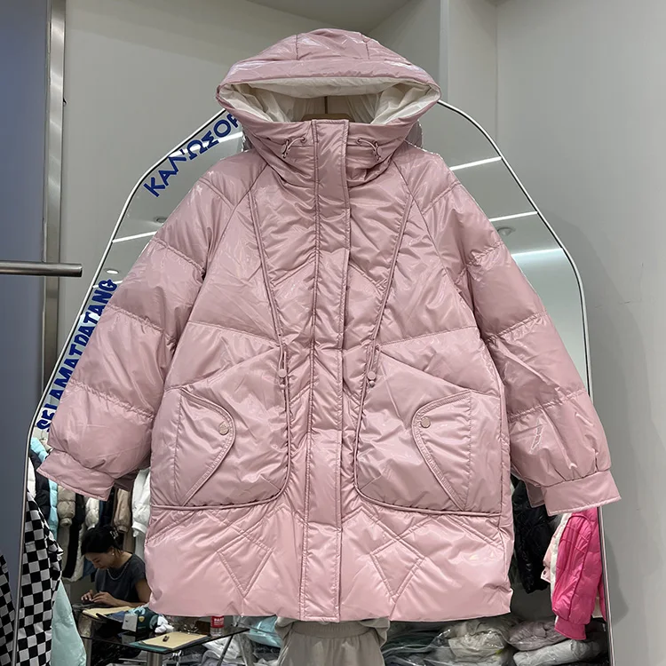 

New Down Jacket Women's 2022 Korean Hooded Long Sleeve Solid Color White Duck Down Winter Coat F657