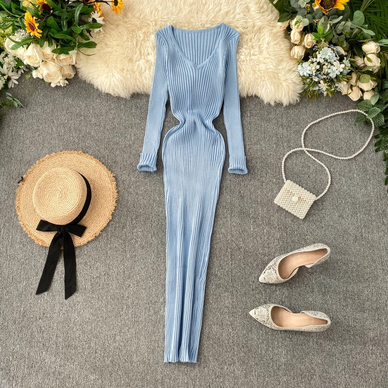 Женское трикотажное облегающее платье-свитер с V-образным вырезом - купить по