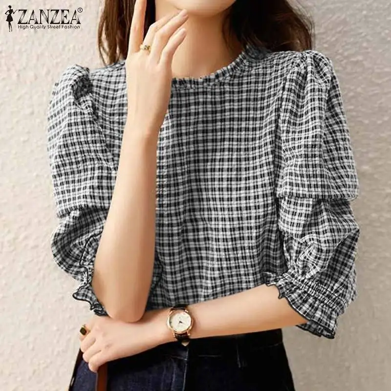 

Bohemian Elegant Casual Holiday Oversized Work OL Tops 2022 ZANZEA Stylish Women 3/4 SleeveO-Neck Blouse Plaid Checked Chemise