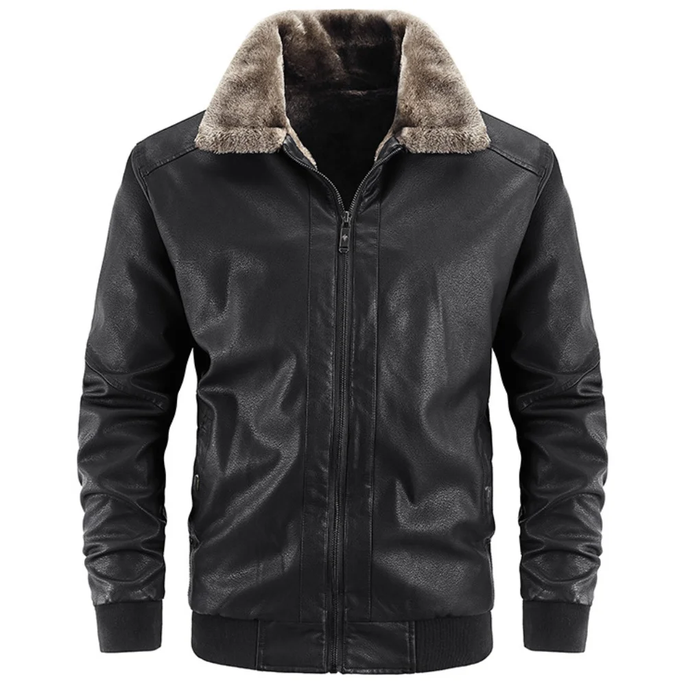 

Winter Warm Fleece Men's Leather Jacket with Lapel Fur Collar PU Coat Leather Biker Jacket Solid Black Outwear Men's Clothing