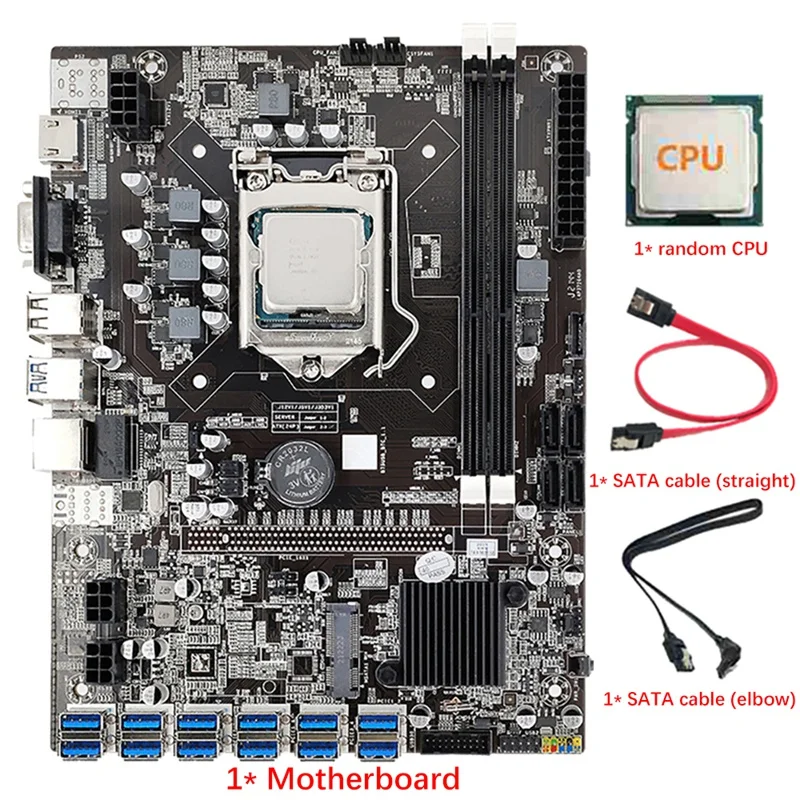 B75 12 Card BTC Mining Motherboard With CPU+2X SATA Cable 12 USB3.0 To PCIE Graphics Card Slot LGA1155 DDR3 RAM SATA3.0