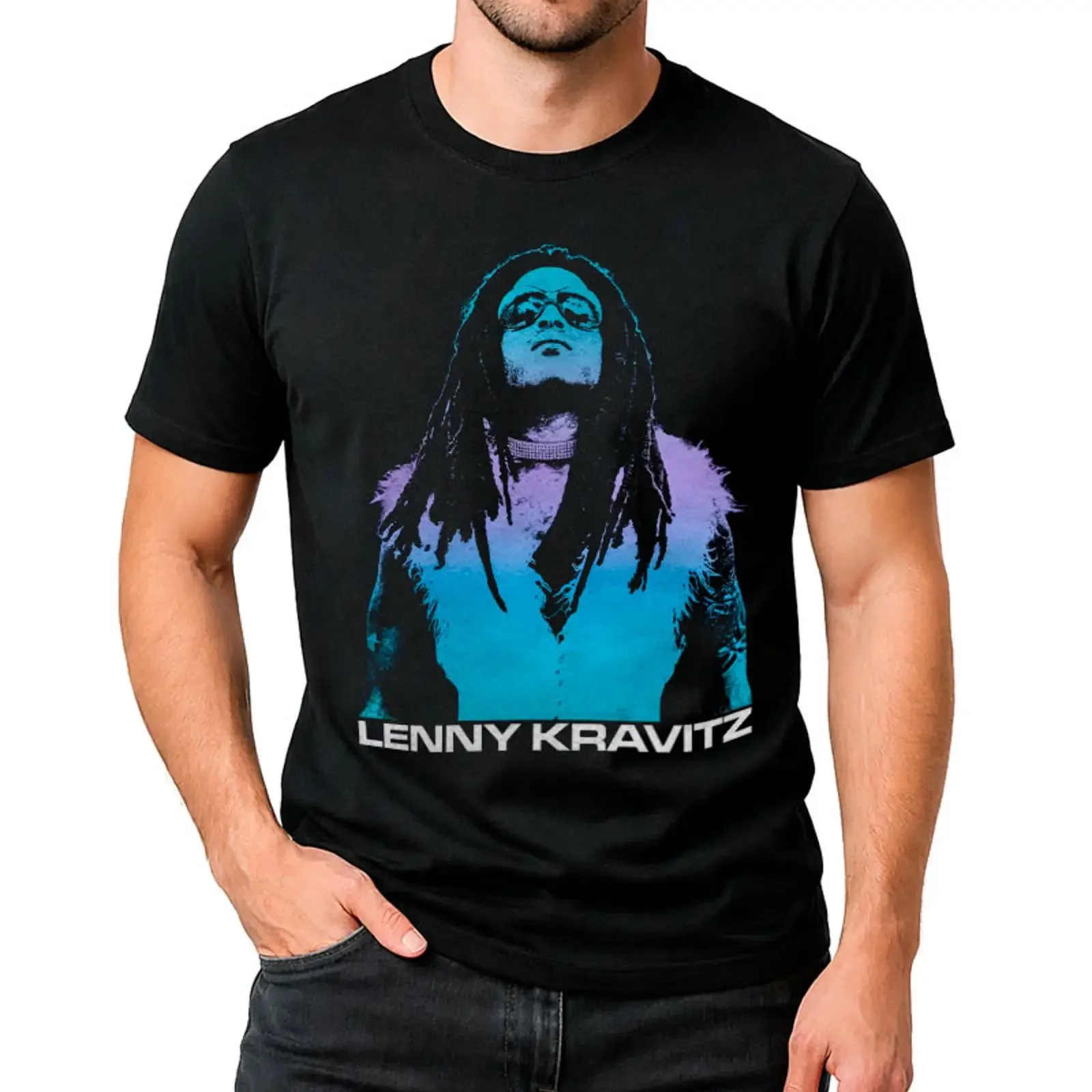 Фото Мужская концертная футболка LENNY KRAVITZ, фиолетово-синяя, с винтажным портретом, с эффектом потертости, с графическим принтом, удобная, дышащая, стильная. №1