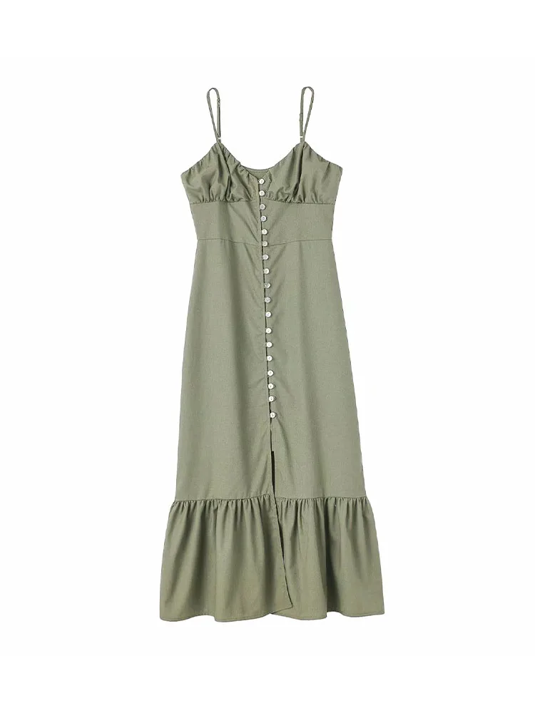 

Женское платье средней длины PB & ZA, винтажное платье из смеси льна на тонких бретельках, модель 7980939 на лето, 2022