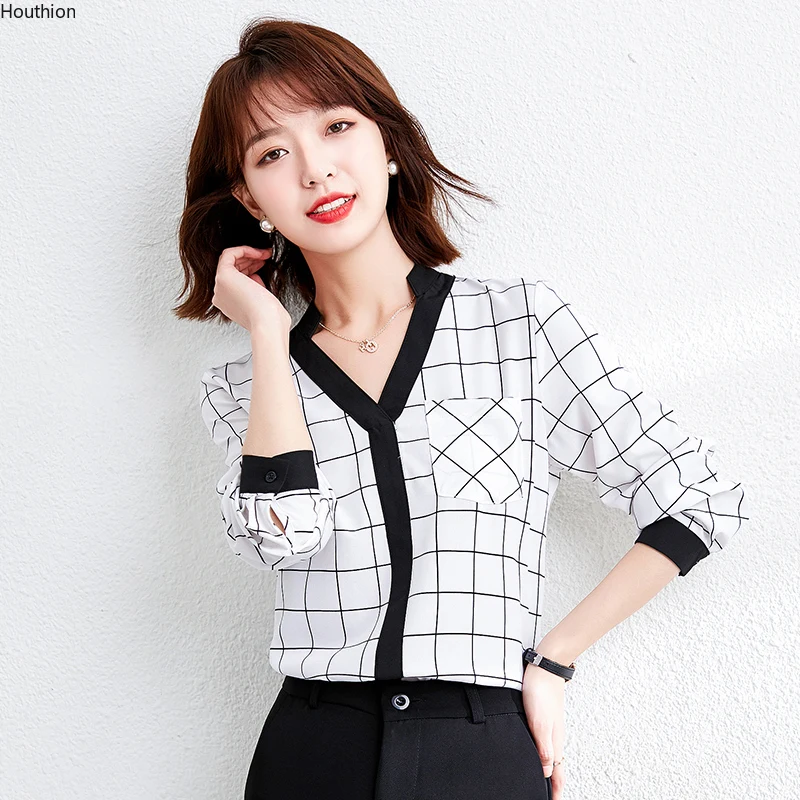 

Женская шифоновая блузка с V-образным вырезом, длинным рукавом