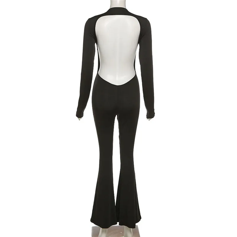 Casual Backless Black Basic Bodysuit for Women Summer Jumpsuits Y2K Fashion Long Sleeves Halter Flare Pants Solid Color Rompers