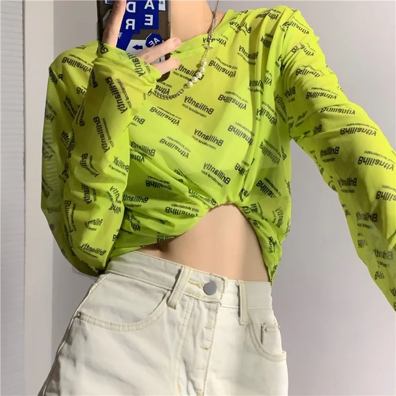 

Summer Women Long Sleeve Tees Sunscreen Clothing Thin Letter Print Elastics Gauze Transparent Green Korean Fashion See Through