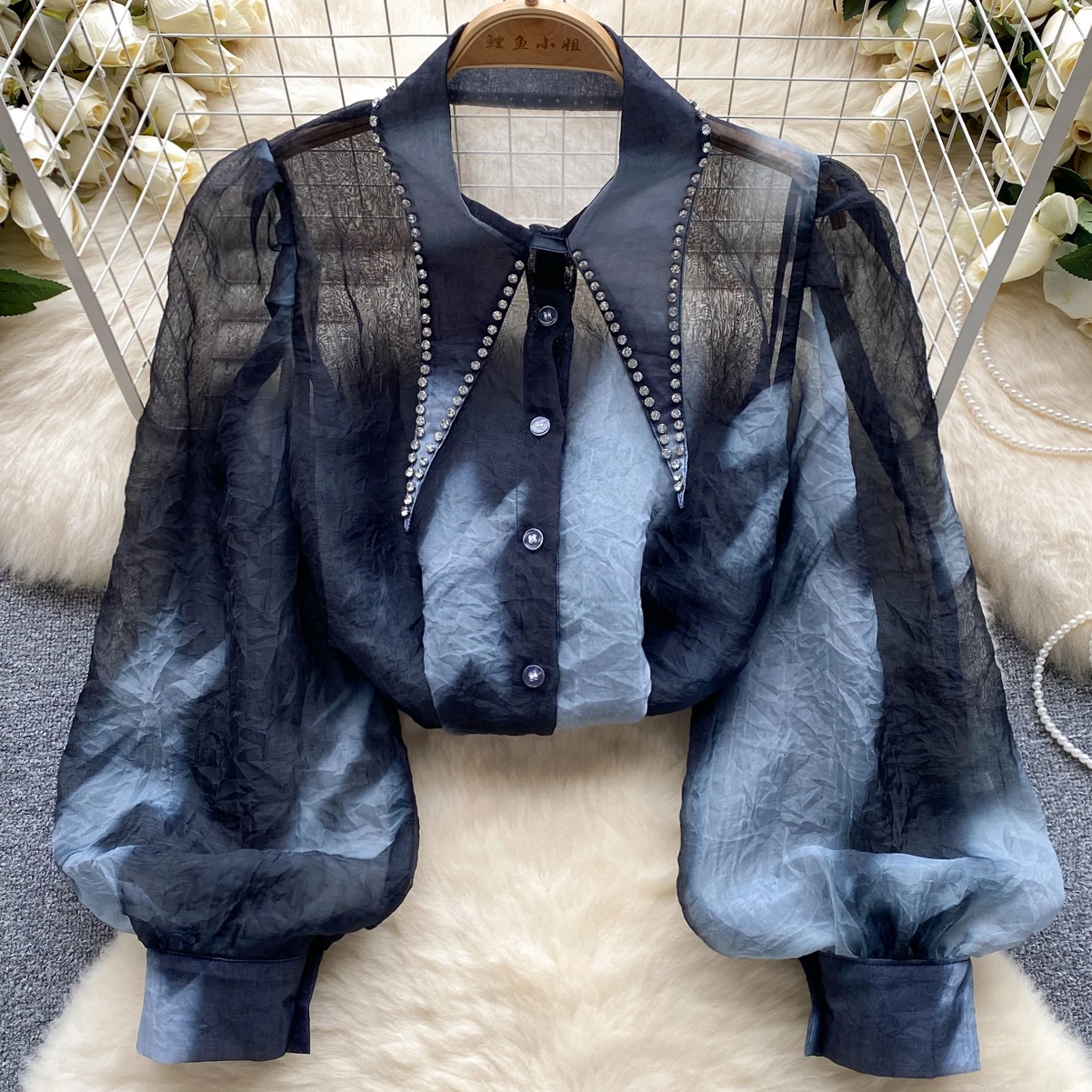 

Long Sleeve Diamond Embedding Top Blouses Women Tie Dye Printed Mesh Shirts Woman Blusas Korean Fashion Blusa Feminina 2023