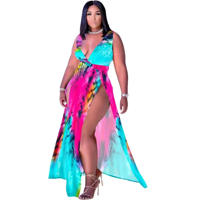 

Robes African Maxi Dress Women Traditional Deep V Neck High Waist Gown Summer New Tie Dye Print Sexy Dashiki African Long Dress