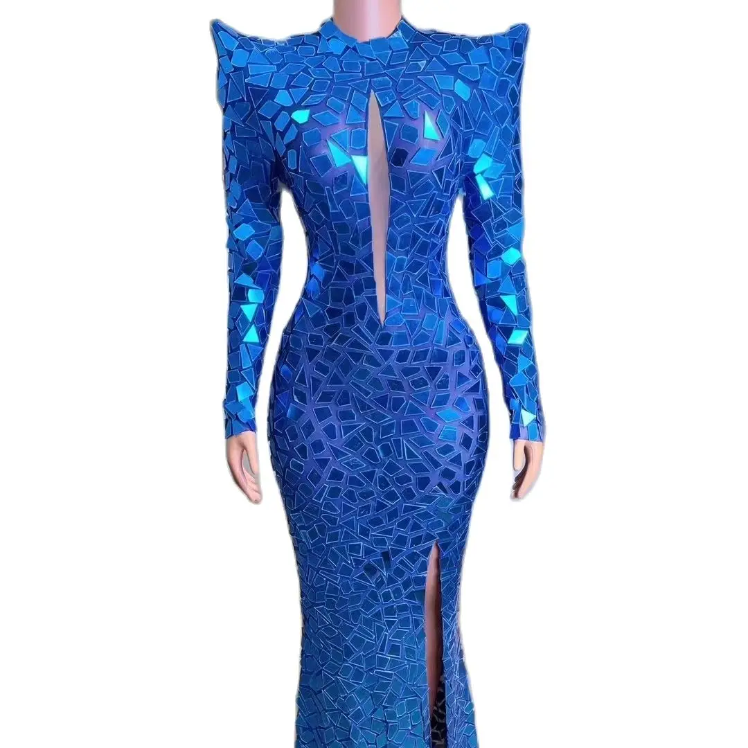 

Blue Mirrors Evening Celebrate Long TrainDress Prom Birthday Outfit Birthday SexyCostume Club Dress lanjing