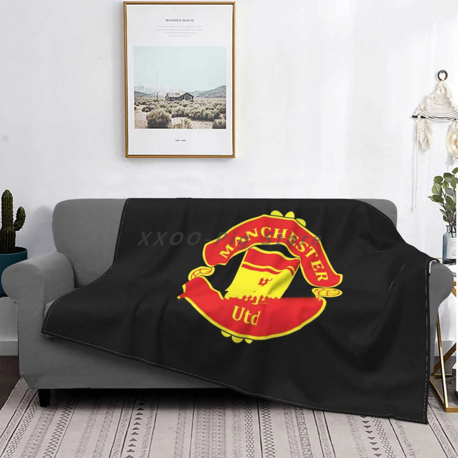 

Black Football Shaggy Throw Soft Blanket Sofa/Bed/Travel Love Gifts Mu M Old Traf Premier League Logo Red Devil Devil Soccer