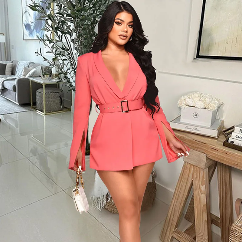 

Женский деловой комбинезон, короткий Блейзер, элегантный костюм пляжного типа с длинным рукавом, женские комбинезоны с разрезом и расклешенными рукавами, сексуальные комбинезоны