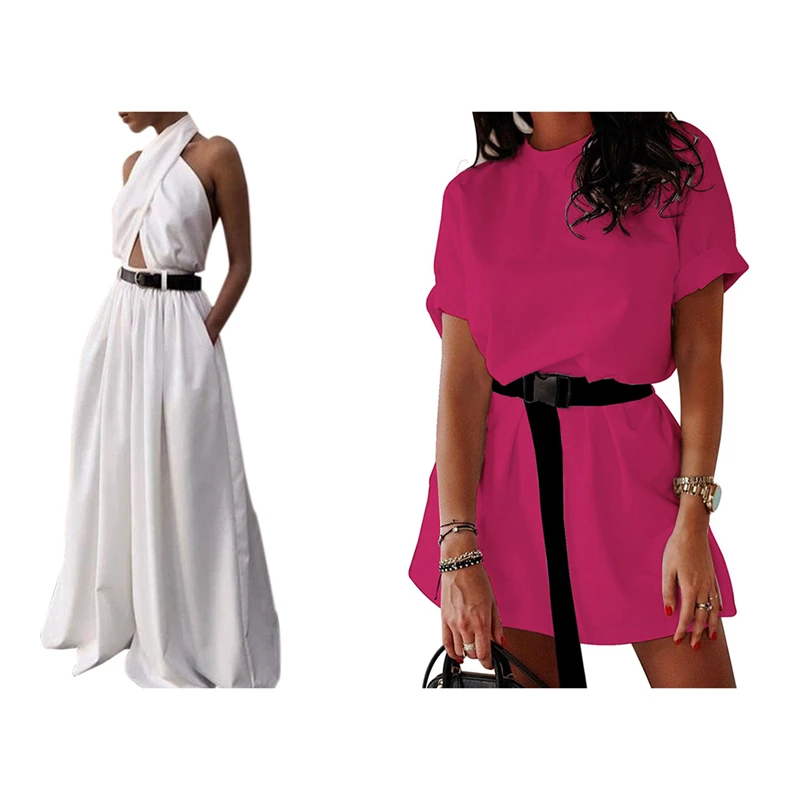 

Women's Jumpsuit Sexy Halter Jumpsuit White Leg Pants S With Women's Solid Casual Oversized Tshirt Dress Rose Red S