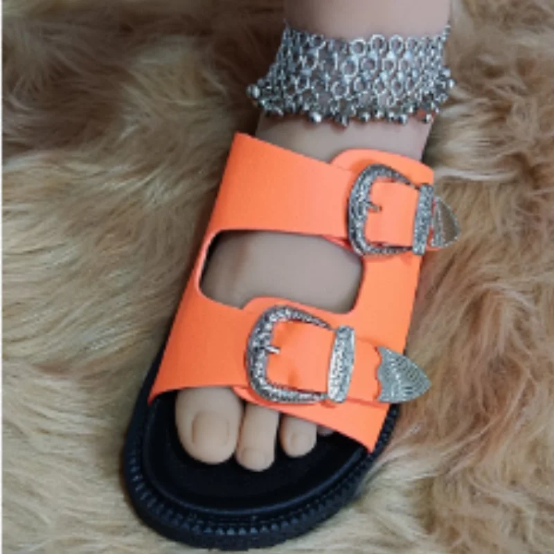 Shoes for Women New Summer Leopard Metal Decoration Leather Button Women's Slippers Non Slip Casual Ladies Sandals Beach Flats