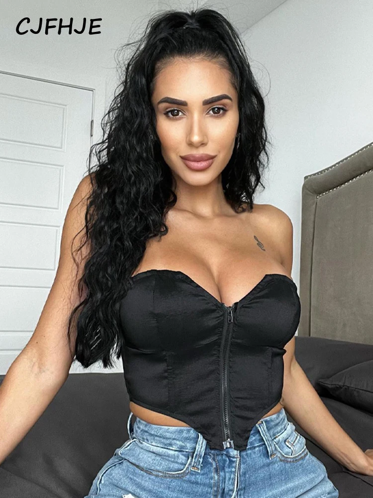 

CJFHJE Pure Color Sleeveless Backless Zip Up Sexy Crop Top Skinny Streetwear 2022 Summer Elegant Party Club Cute Y2K Corset