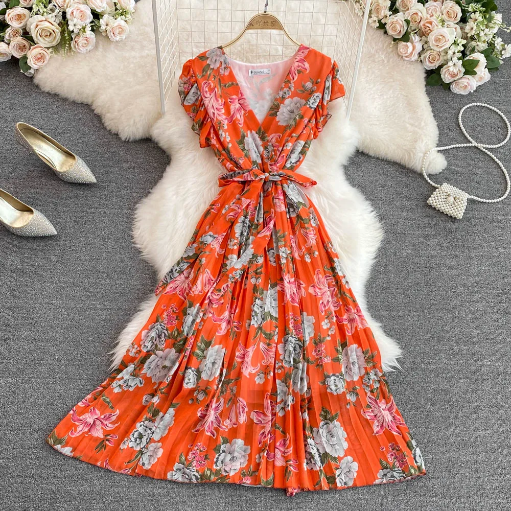 

Женское винтажное платье с коротким рукавом, однотонное элегантное фиолетовое плиссированное платье-трапеция с V-образным вырезом, лето