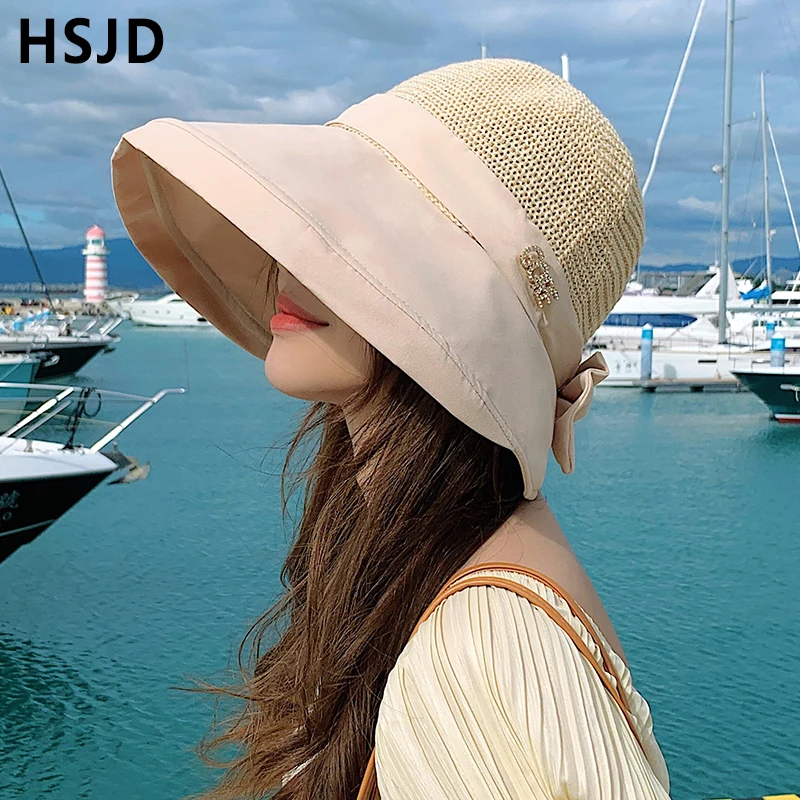Пляжная шляпа с бантом и широкими полями для женщин однотонная Панама от солнца
