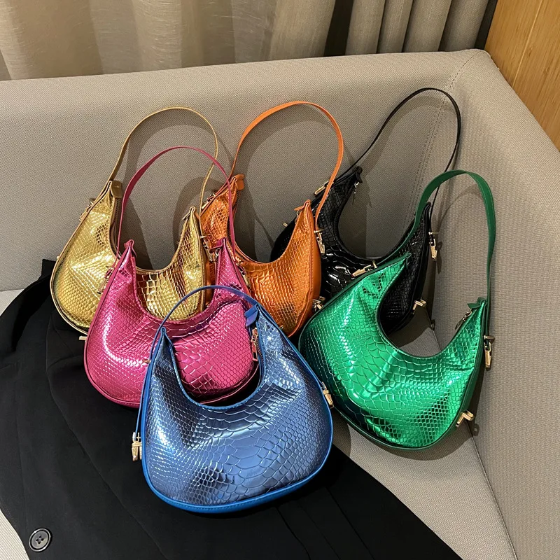 

PU Leather Women Luxury Designer Handbag Purses 2023 Fashion Vintage Crocodile Pattern Half Moon Crescent Hobos Shoulder Bags