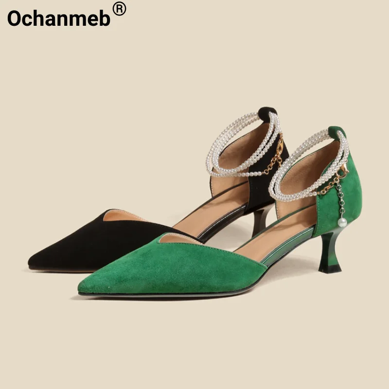 

Женские зеленые замшевые туфли-лодочки Ochanmeb из овечьей кожи, туфли-лодочки с острым носком, с цепочкой и жемчугом, элегантная офисная обувь до щиколотки, изящная французская обувь