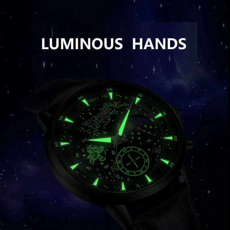 Фото Мужские часы Disney с Микки Маусом, Galaxy Sky Dial, мужские кварцевые наручные часы с фазой Луны, изогнутая дуга, циферблат, мужской новый Reloj Hombre №5
