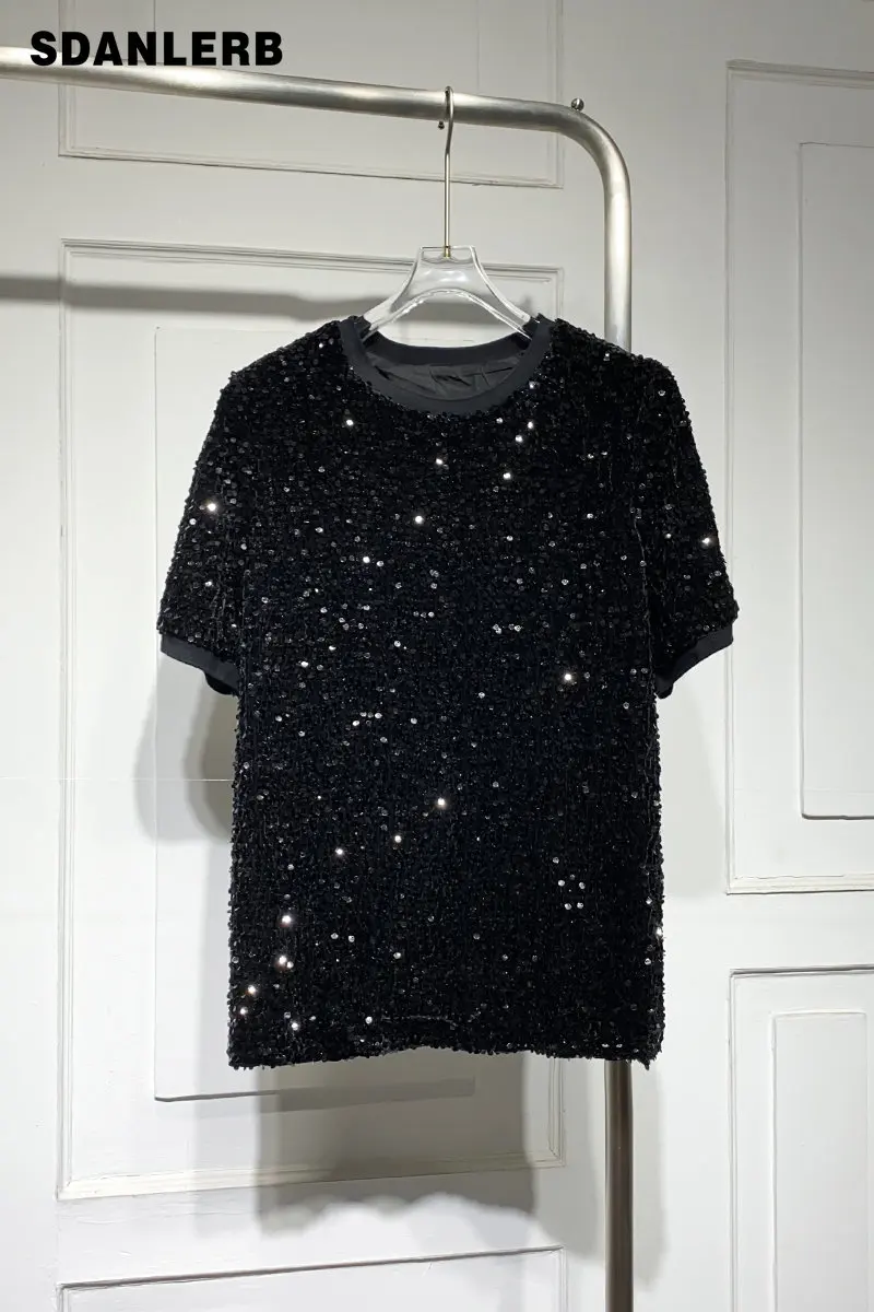 

Fashion Heavy-Duty Velvet Sequined Short-Sleeved T-shirt for Women Autumn New Versatile Leisure Anti-Aging Western Style Top