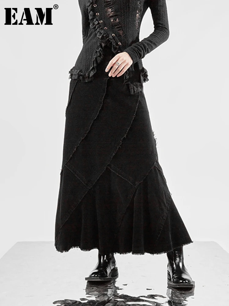 

[EAM] High Waist Black Denim Long Irregular Burr Trumpet Half-body Skirt Women Fashion Tide New Spring Autumn 2022 1DE8975