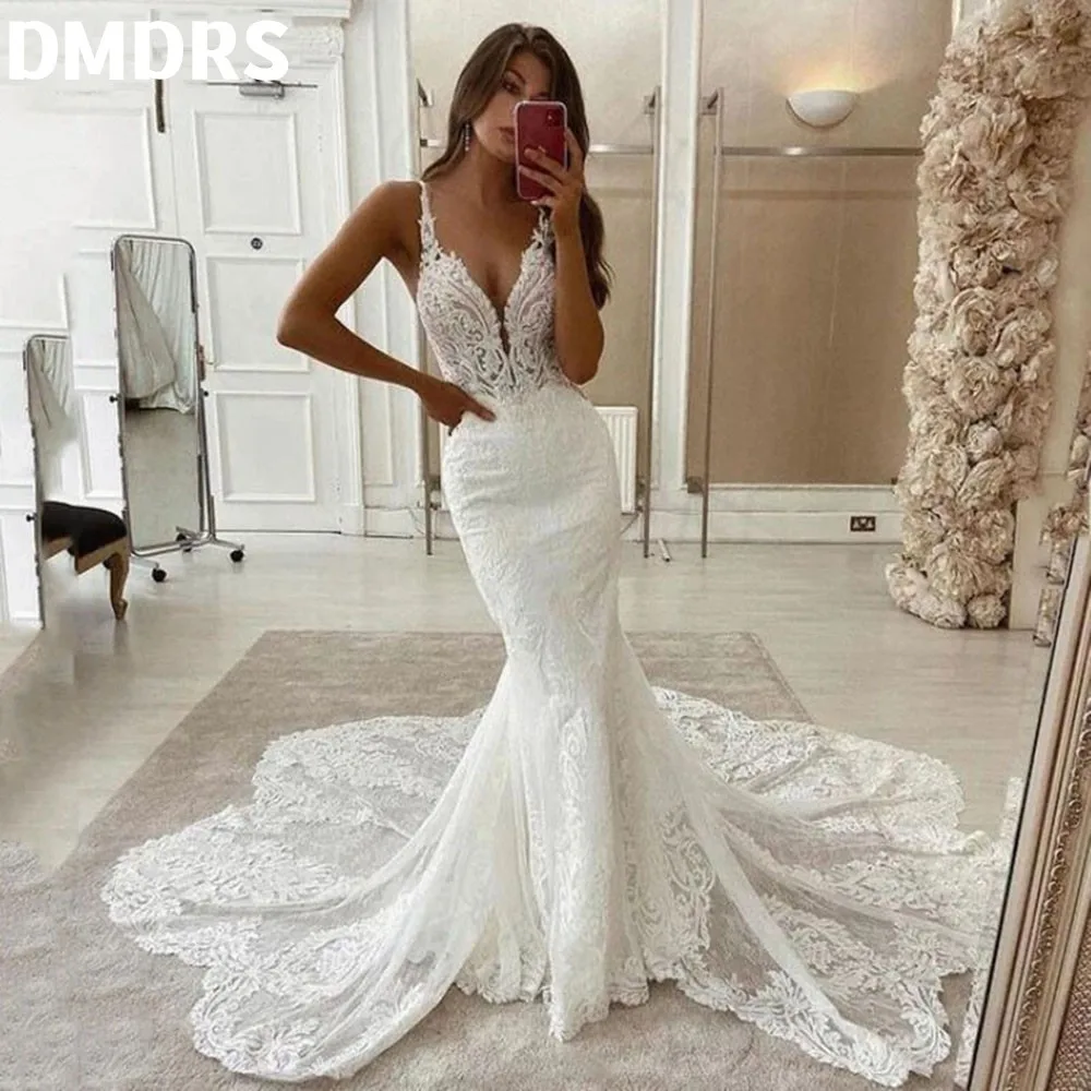 

Sexy Lace Mermaid Wedding Dresses Spaghetti Strap Bride Dress Backless Appliques Bridal Gowns Sleeveless Vestido de Noiva
