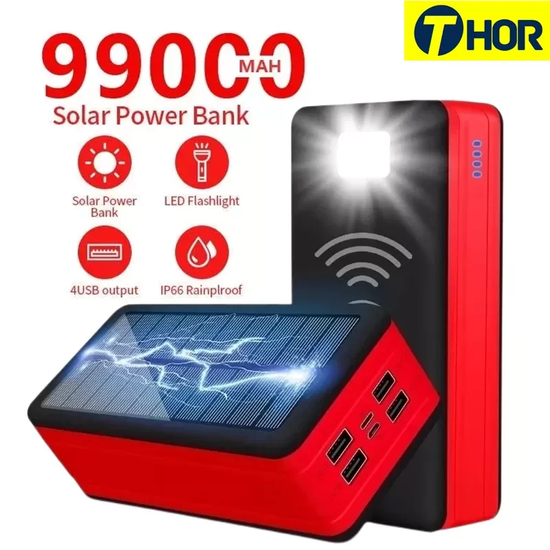 

Solar Power Bank 99000mAh Portable Solar Charger Battery 4 USB Output Ports 2 Input Ports Flashlight, Fast Charging