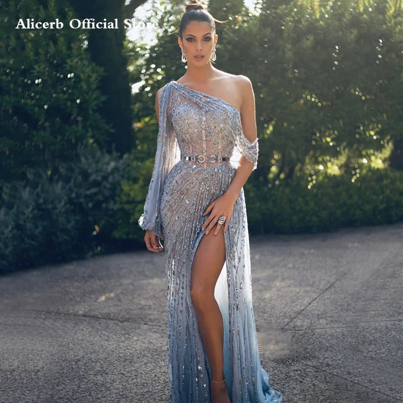 

Dubai One Shouder Evening Dresses Luxury Beading Crystal Sparkly Gowns Arabic Formal Party Dress Robe De Soiree 2022