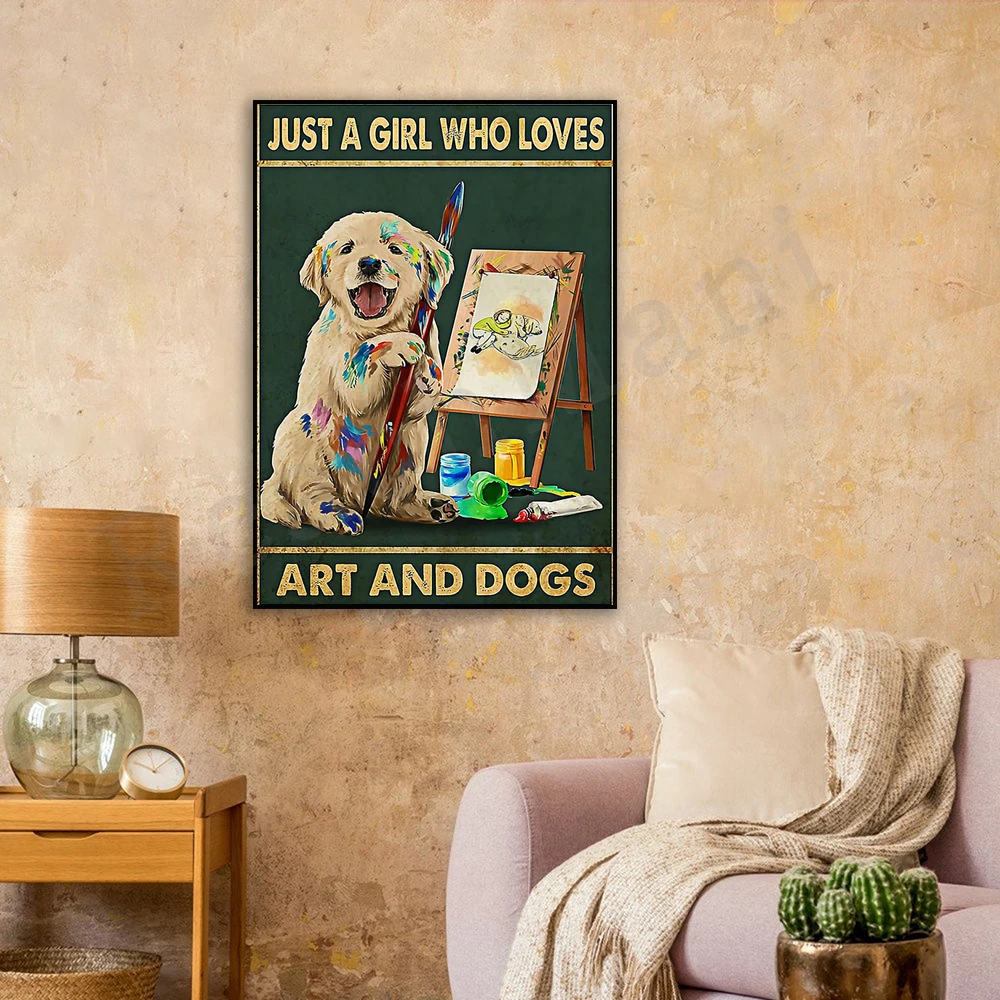 

Just a girl loves art and dog painting wall art gift, painter artist girl female dog print golden retriever poster