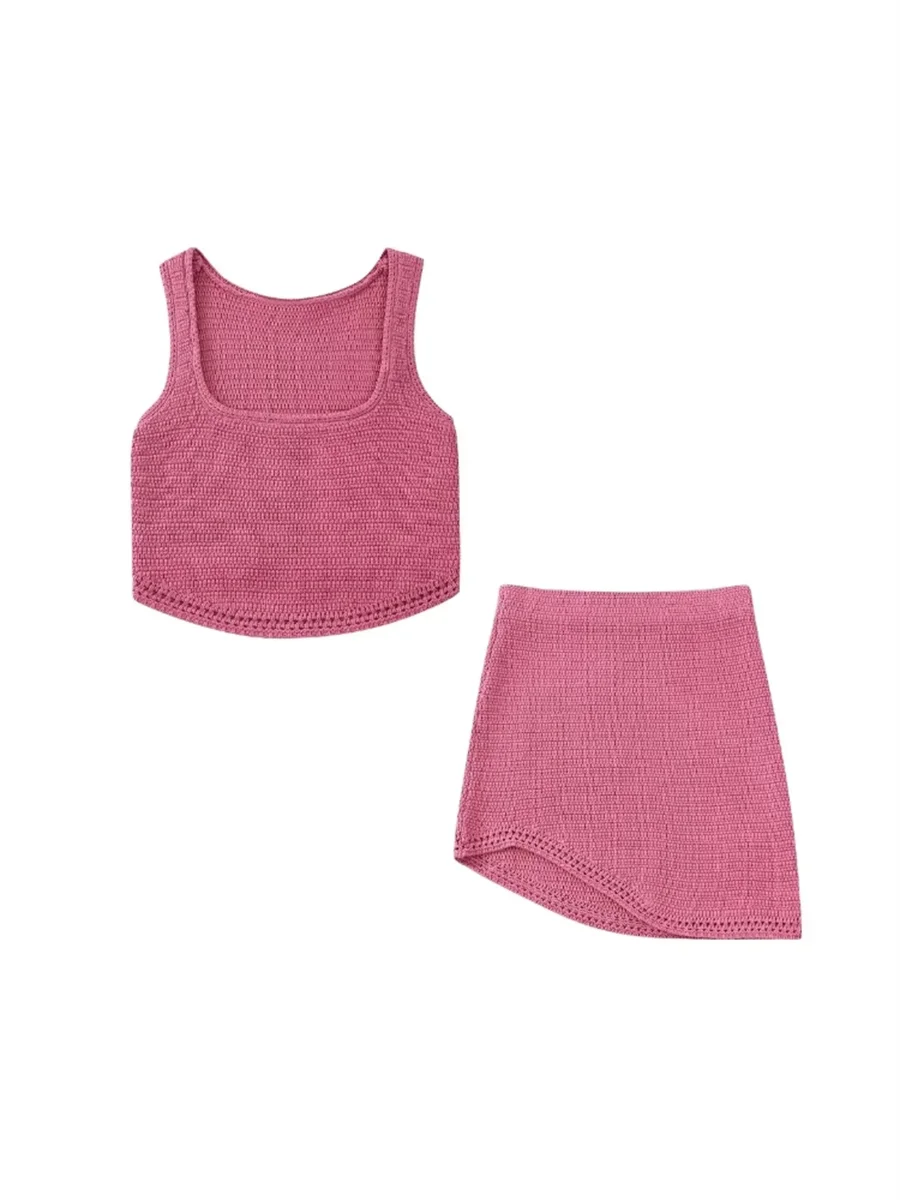 

Женский Повседневный вязаный комплект из двух предметов, розовый топ без рукавов с квадратным вырезом и асимметричная юбка с высокой талие...