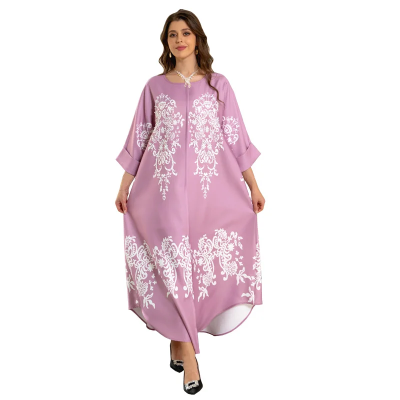 Abaya Dress Muslim Elegant Women 3/4 Sleeve Polyester Yellow Light Purple Long Abaya Muslim Fashion Dress Muslim Dress Women