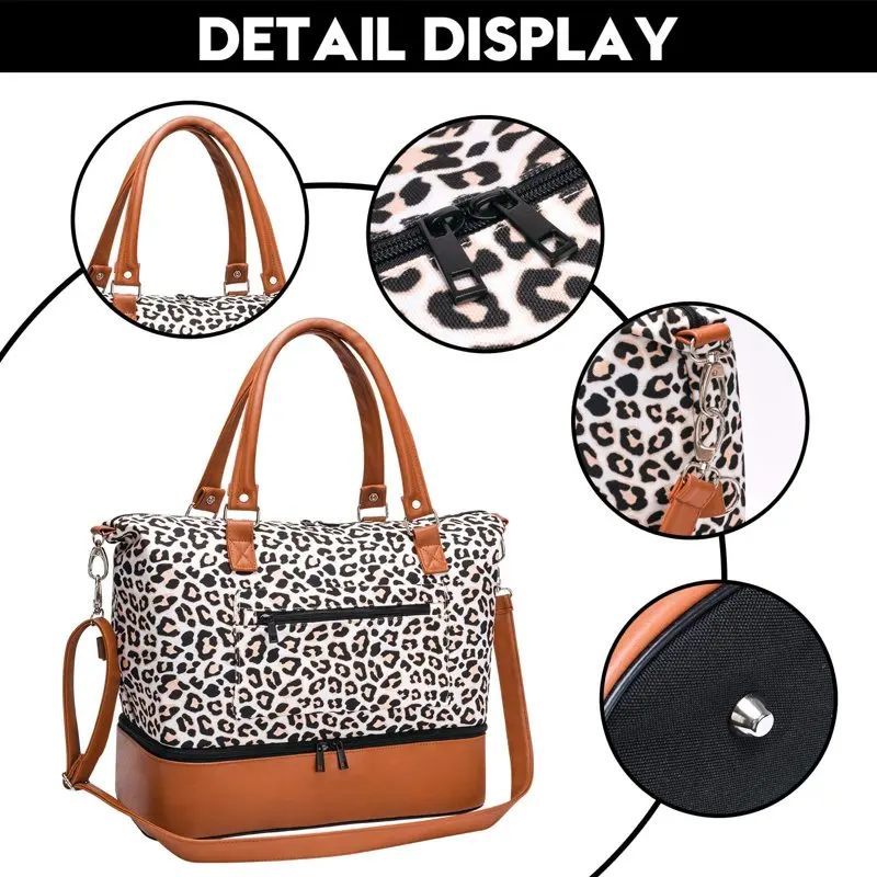 Women Travel Duffle Bag Carry On Tote Weekender Overnight Bag - PU Leather Shoulder Strap Leopard 18 Inch