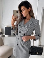 women vintage plaid printing suit dress office ladies blazer fashion long sleeve female double breasted lace up dress vestidos