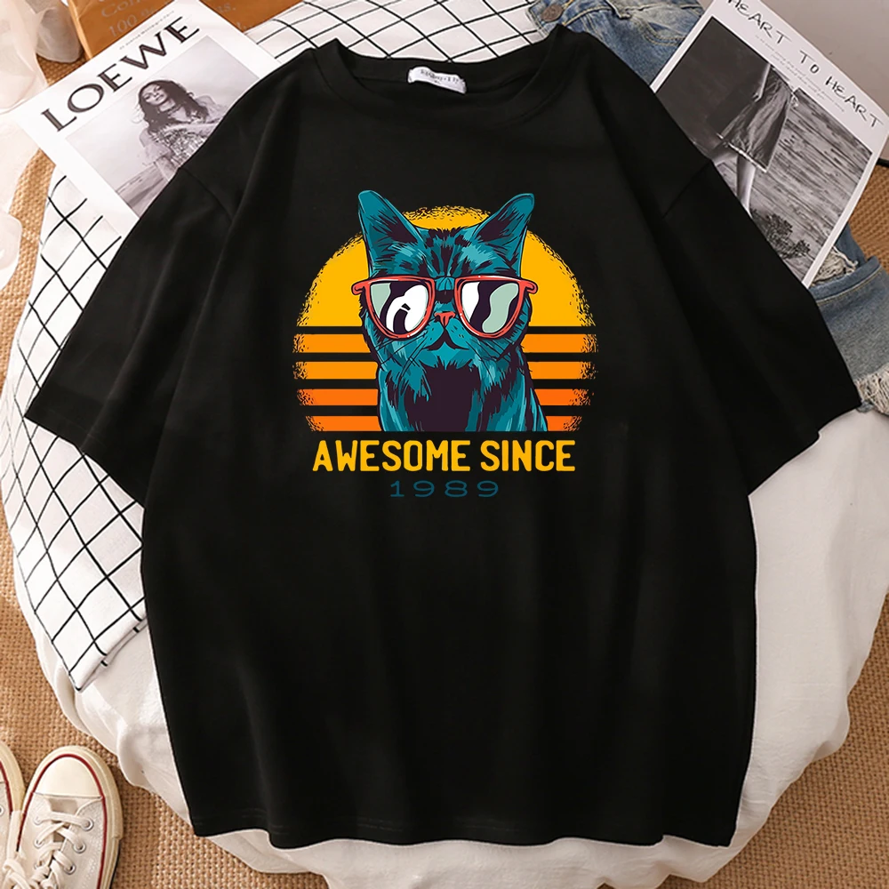 

Потрясающая женская футболка с классическим принтом кошки и солнцезащитных очков с заката 1989, винтажные женские футболки в стиле хип-хоп с ...