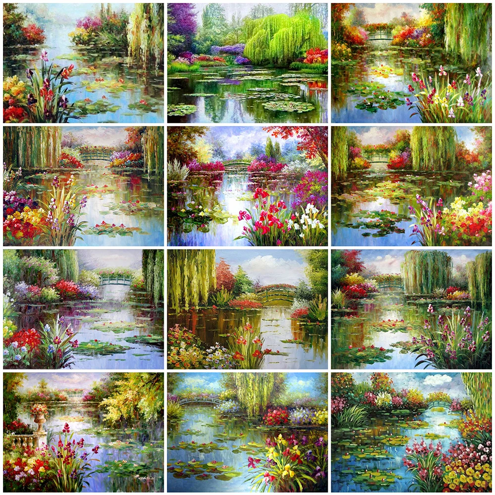 

SIYU Diamond Painting Kit Spring Home Decor Round Diamond Embroidery Landscape Lake Mosaic Wall Sticker