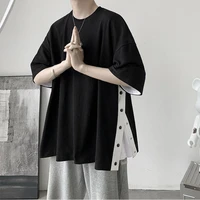 button side slit men solid o neck short sleeve streetwear 2022 summer loose fashion cool t shirt casual harajuku oversized tops