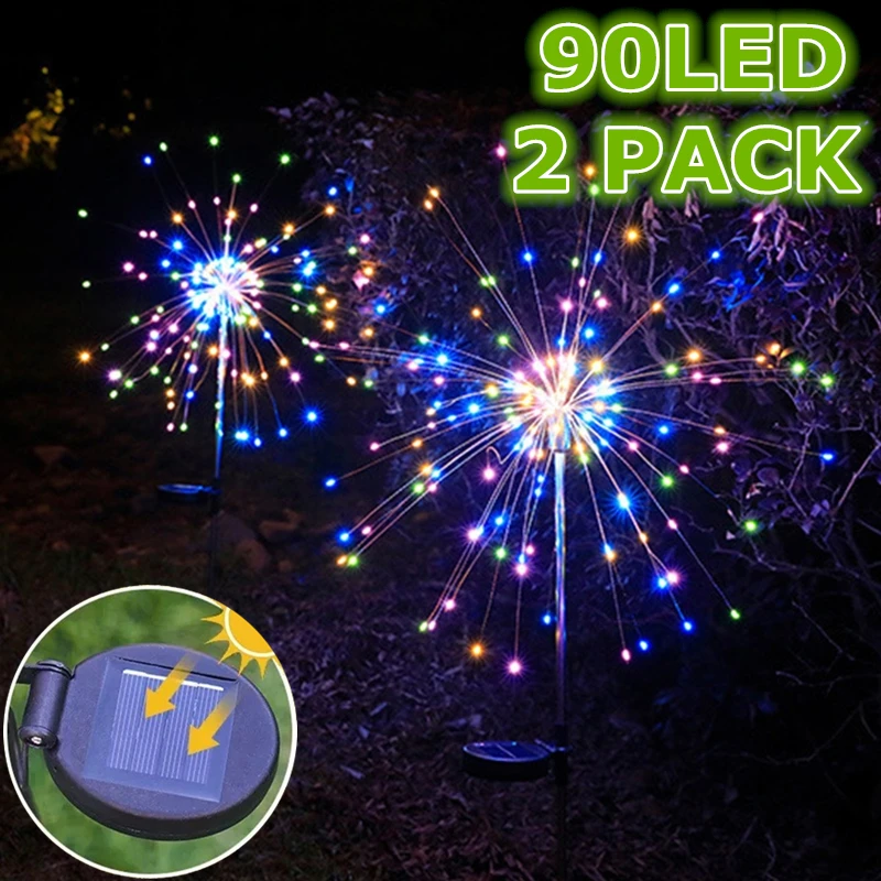 

2 Pack 90LEDs Solar Lights Outdoor Fireworks Lights IP65 Waterproof Fairy Lights Street Garland New Year Christmas Garden Lights